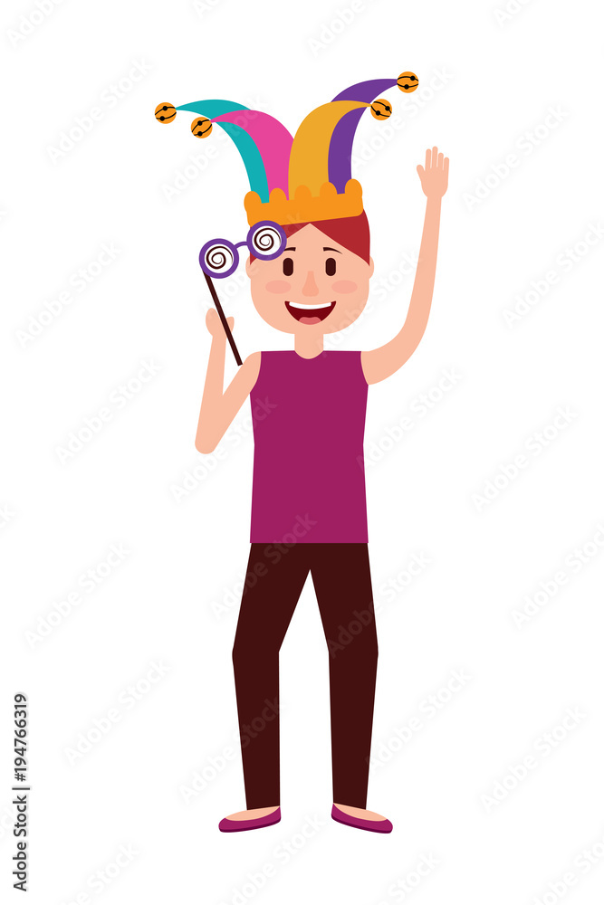 funny man holding silly glasses and jester hat vector illustration funny man holding silly glasses and jester hat vector illustration