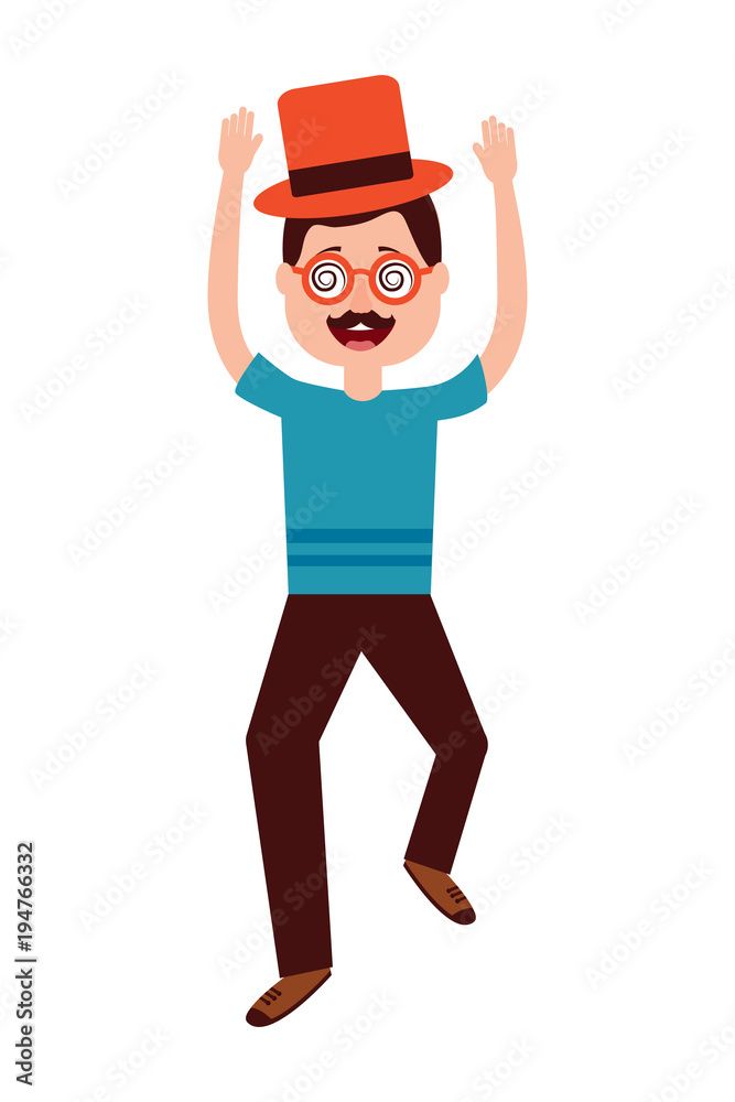 happy man standing wearing mask mustache glasses and hat vector illustration