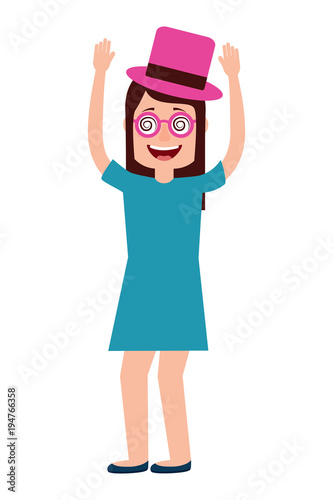 happy young woman with glasses and hat celebration vector illustration