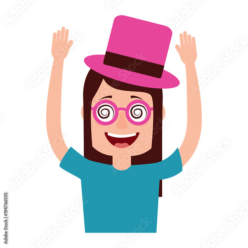 funny smile woman with silly glasses and hat vector illustration
