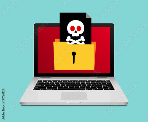 Computer laptop virus fraud folder or spam notification. Internet online virus alert icon