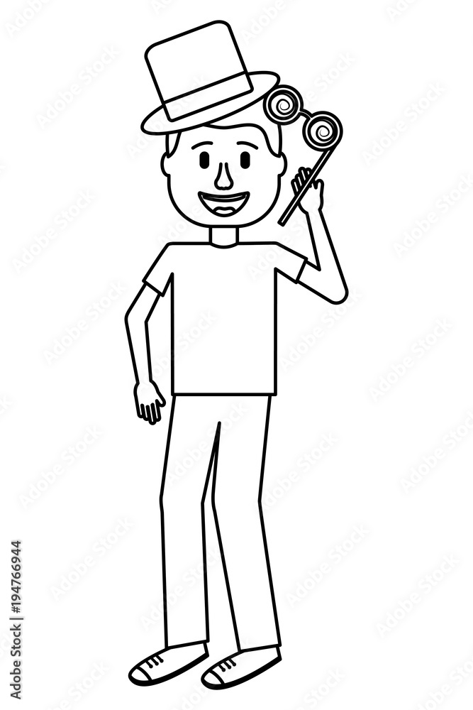 young man standing crazy glasses and hat humor vector illustration