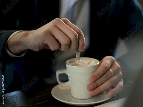 Abstract, blurry, bokeh background, image for the background. A white cup of hot coffee, latte.