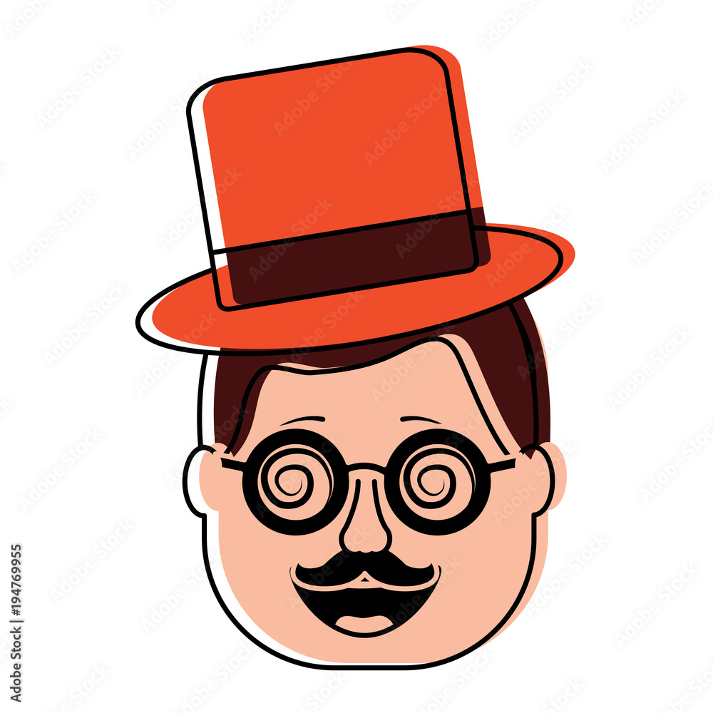 smiling face man with glasses jester hat and mustache vector illustration