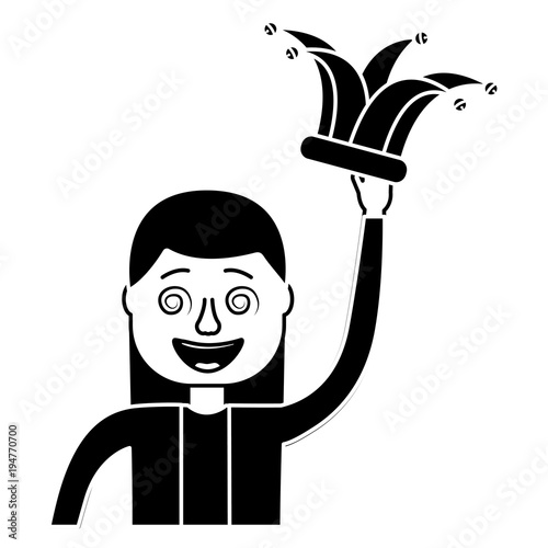 funny smile woman with jester hat vector illustration black and white design