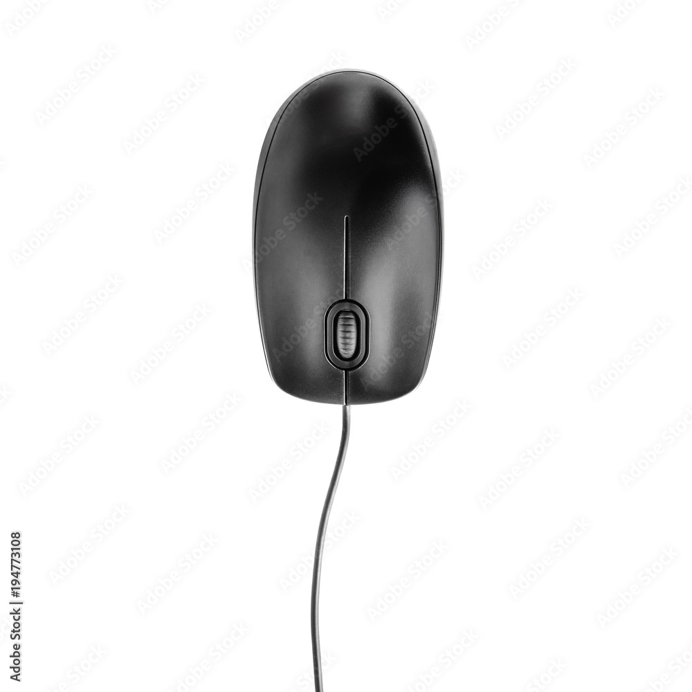 Top view of black computer mouse on white Top view of black computer mouse on white