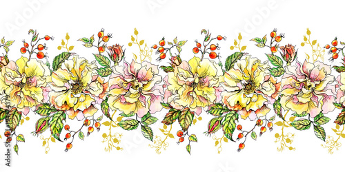 Seamless border of climbing roses and sprigs, hand-drawing. © Ollga P