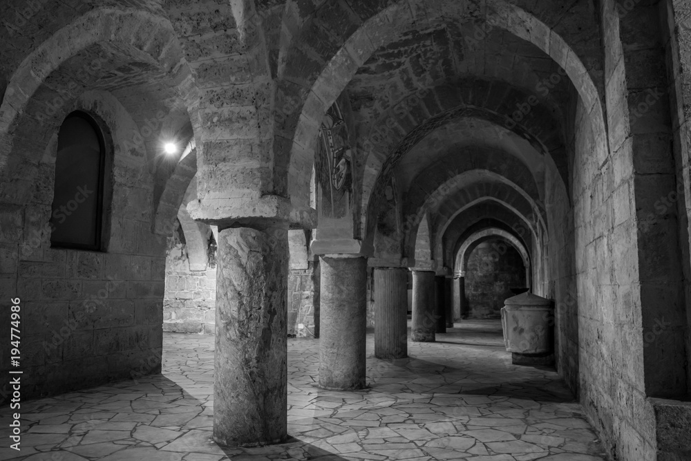 Horizontal View the Crypt Under The Basilica of Saint Cataldo. Taranto, South of Italy