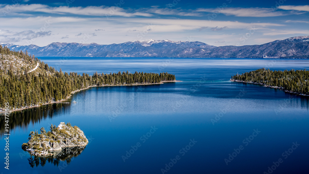 Fototapeta premium Lake Tahoe West shore view including Fannette Island in the winter of 2018
