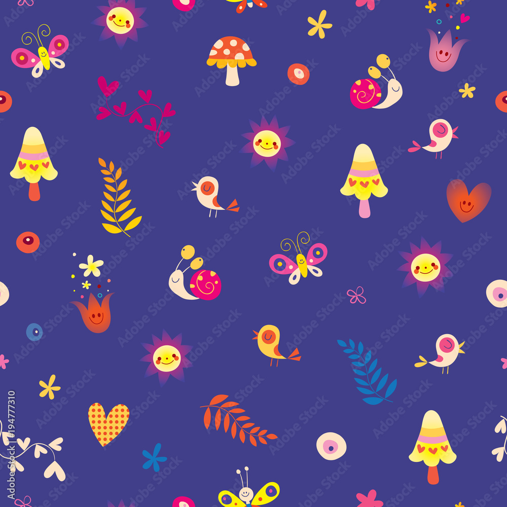 Obraz premium flowers birds mushrooms butterflies snails hearts nature seamless pattern
