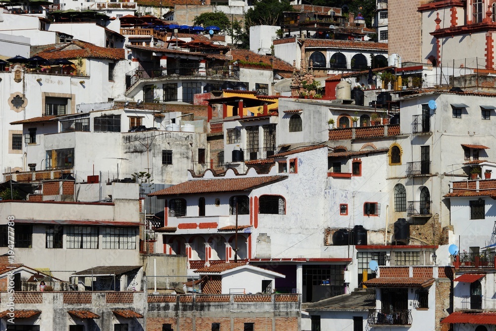 Daytime view of Taxco de Alarcon, Mexico, arhitecture details
