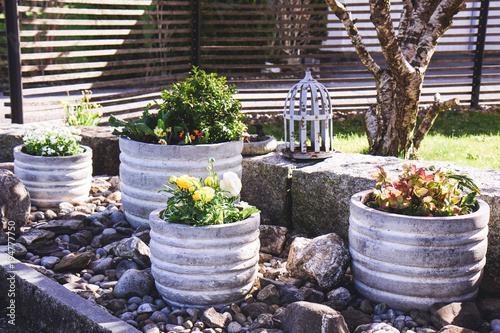 Stone garden arrangement with spring flowers in large concrete plant pots and decorative bird cage and bird bath details
