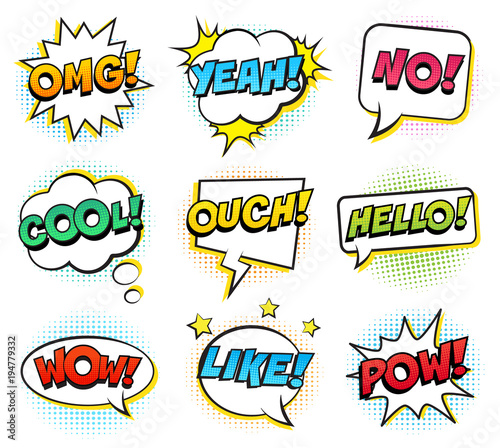 Retro comic speech bubbles set on white background. Expression text OMG, NO, COOL, HELLO, LIKE, YEAH, WOW, POW, OUCH. Vector illustration, pop art style.