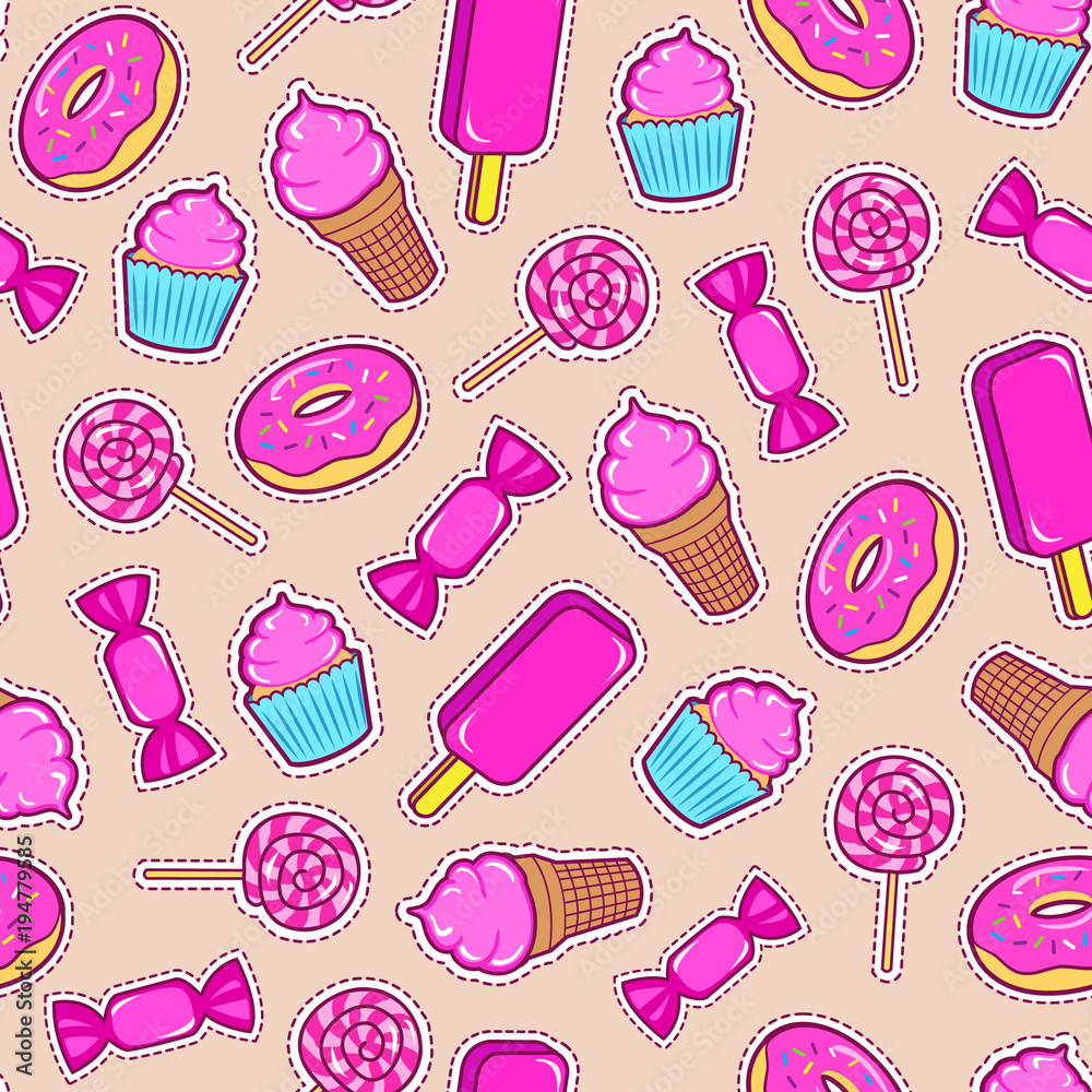 Seamless pattern with colorful patches. Stickers of sweet food: ice cream, candy, donut, cupcake etc on beige background. Fashion cool patches and stickers. Vector illustration Seamless pattern with colorful patches. Stickers of sweet food: ice cream, candy, donut, cupcake etc on beige background. Fashion cool patches and stickers. Vector illustration