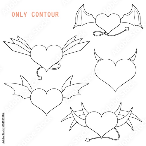 icon of the demon s heart. dear devil. icon of the heart with wings. winged heart. tail of the devil. heart with tail Style - outline, isolated object