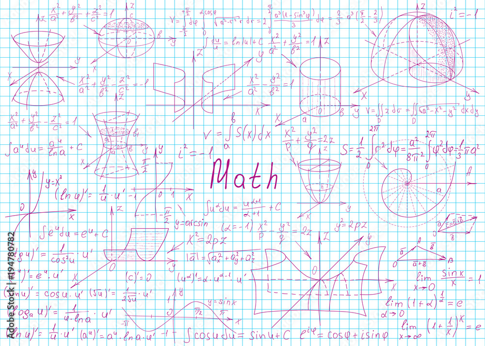Mathematical formulas drawn by hand on a notebook page for the background. Vector illustration.
