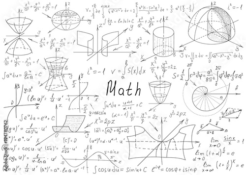 Mathematical formulas drawn by hand on a white chalkboard for the background. Vector illustration.