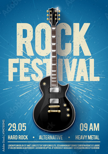vector illustration blue rock festival concert party flyer or poster design template with guitar, place for text and cool effects in the background