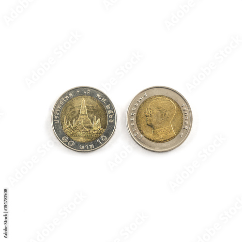 Thai 10-baht coin on a white surface