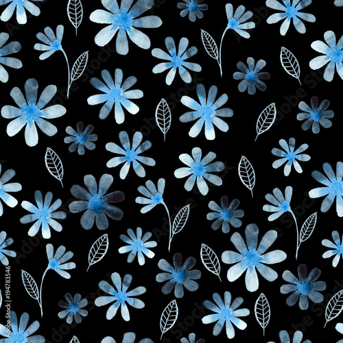 Seamless watercolor pattern with blue flowers and openwork leaves