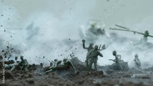 Explosion on a battlefield with toy soldiers, Ultra Slow Motion photo