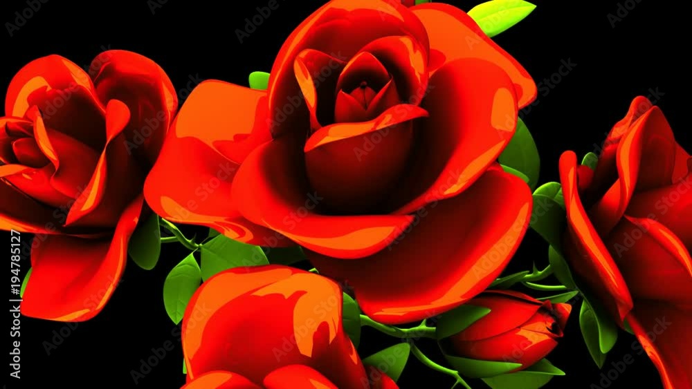 Red Roses Bouquet On Black Background. Loop able 3DCG render Animation ...