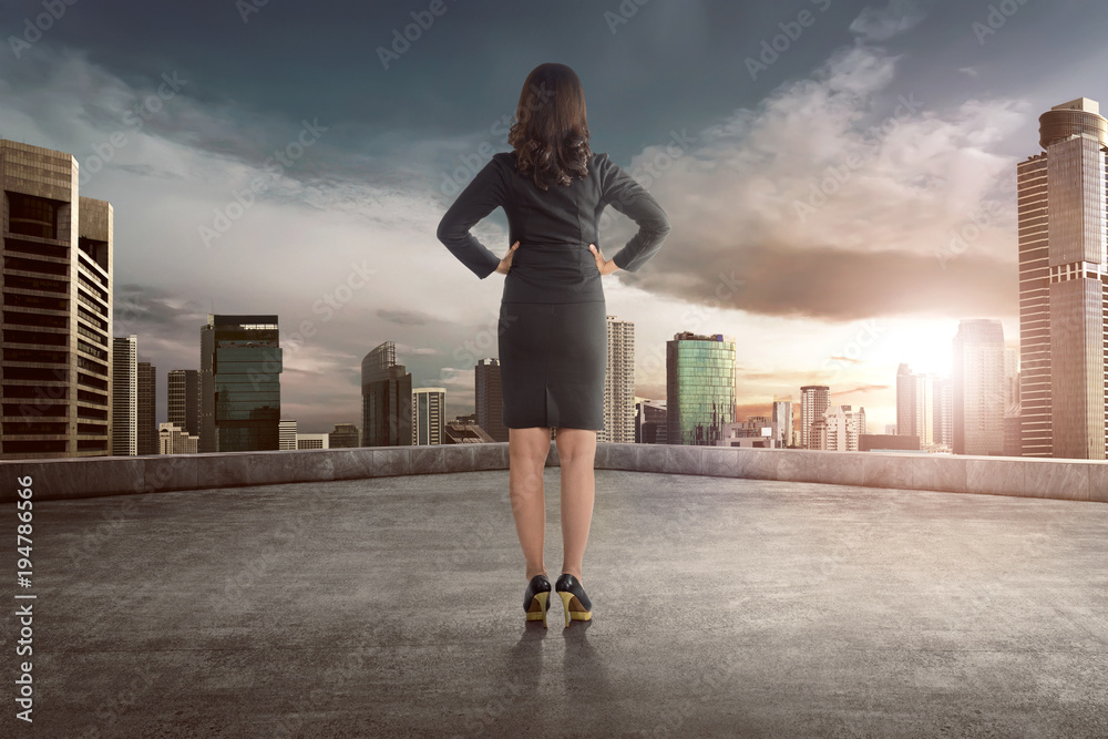 Back view of asian business woman looking at sunset view Back view of asian business woman looking at sunset view