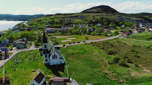 Aerial shot of church in historic trinity Newfoundland Canada photo