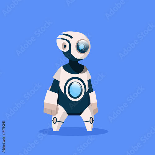 Robot Cute Cyborg Isolated On Blue Background Concept Modern Artificial Intelligence Technology Flat Vector Illustration © mast3r