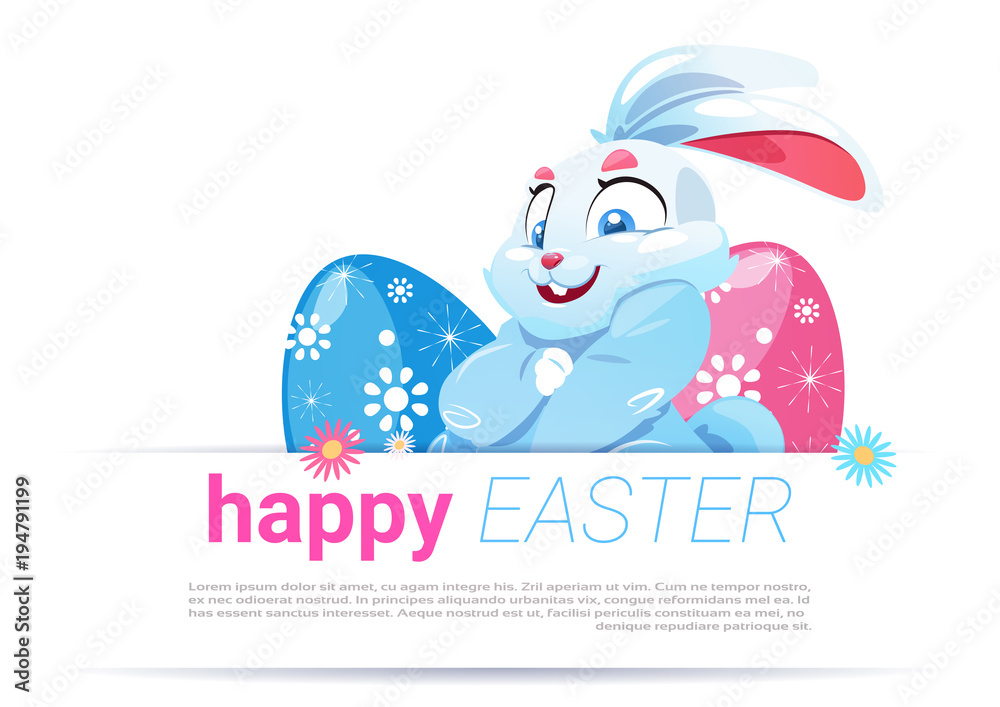 Cute Greeting Card With Rabbit And Eggs, Happy Easter Poster Template Design Vector Illustration Cute Greeting Card With Rabbit And Eggs, Happy Easter Poster Template Design Vector Illustration