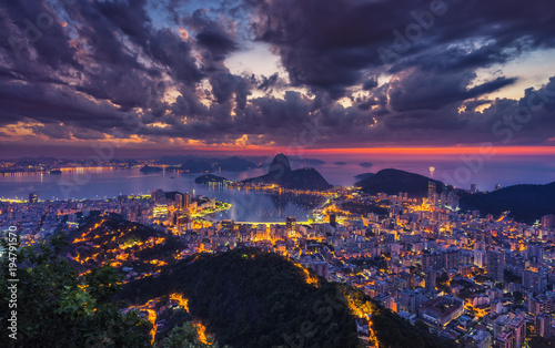Beautiful panorama of Rio de Janeiro at twilight, Brazil. Sugarloaf Mountain and Botafogo Bay. Ultra violet colors
