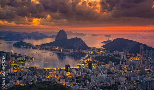 Sugarloaf Mountain at sunrise with dramatic sky, Rio de Janeiro, Brazil