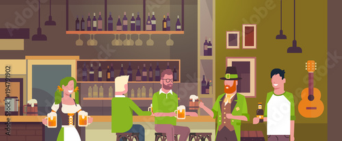 Irish Pub Or Bar On St. Patricks Day Holiday With People Wearing Green Clothes And Drinking Beer Celebrating Flat Vector Illustration