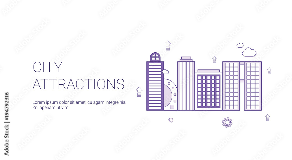 Fototapeta premium City Attractions Travel Landmarks Concept Template Web Banner With Copy Space Vector Illustration