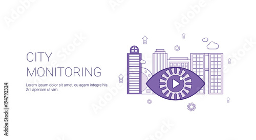 City Monitoring Video Security Template Web Banner With Copy Space Vector Illustration