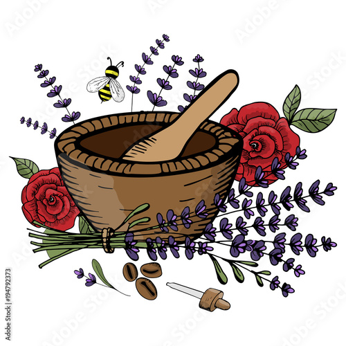 Vector illustration. A set of objects for creating perfumery, organic cosmetics. Lavnda, roses, coffee, a cup, a pipette.