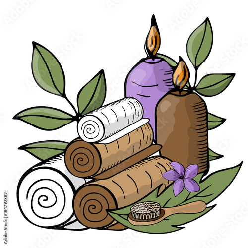 Vector illustration . Set of folded for spa, massage towels, candles, massage brush. Body care, health, massage, relaxation