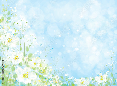 Vector beautiful  floral background, white flowers and green plants on blue bokeh background.