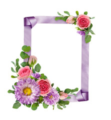 Purple asters and pink rose flowers with eucalyptus leaves in a corner arrangements with ribbon frame