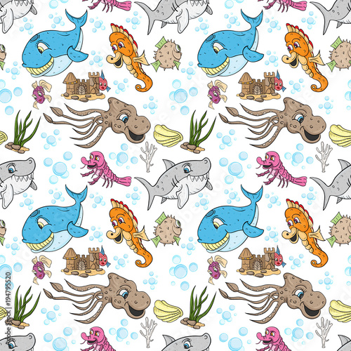 seamless pattern illustration of underwater fish and water inhabitants, underwater world, white background
