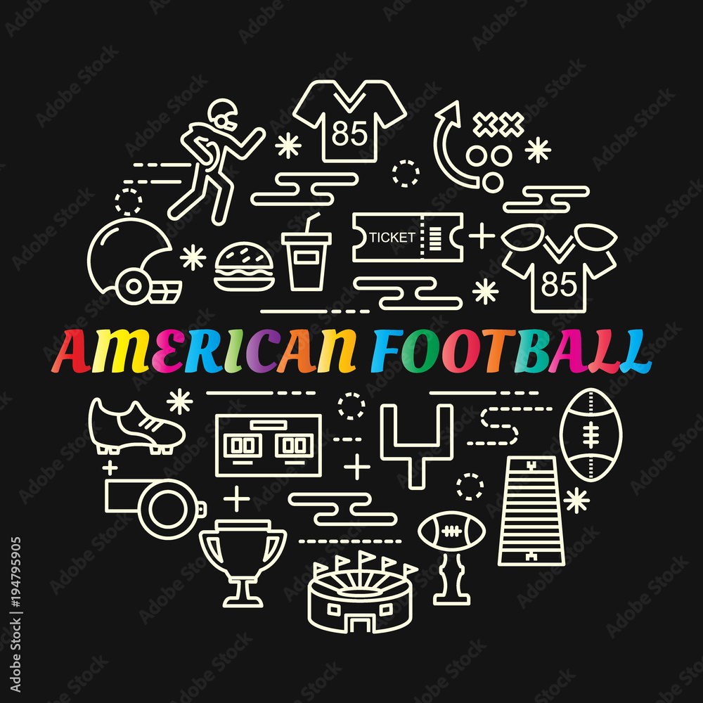 american football colorful gradient with line icons set