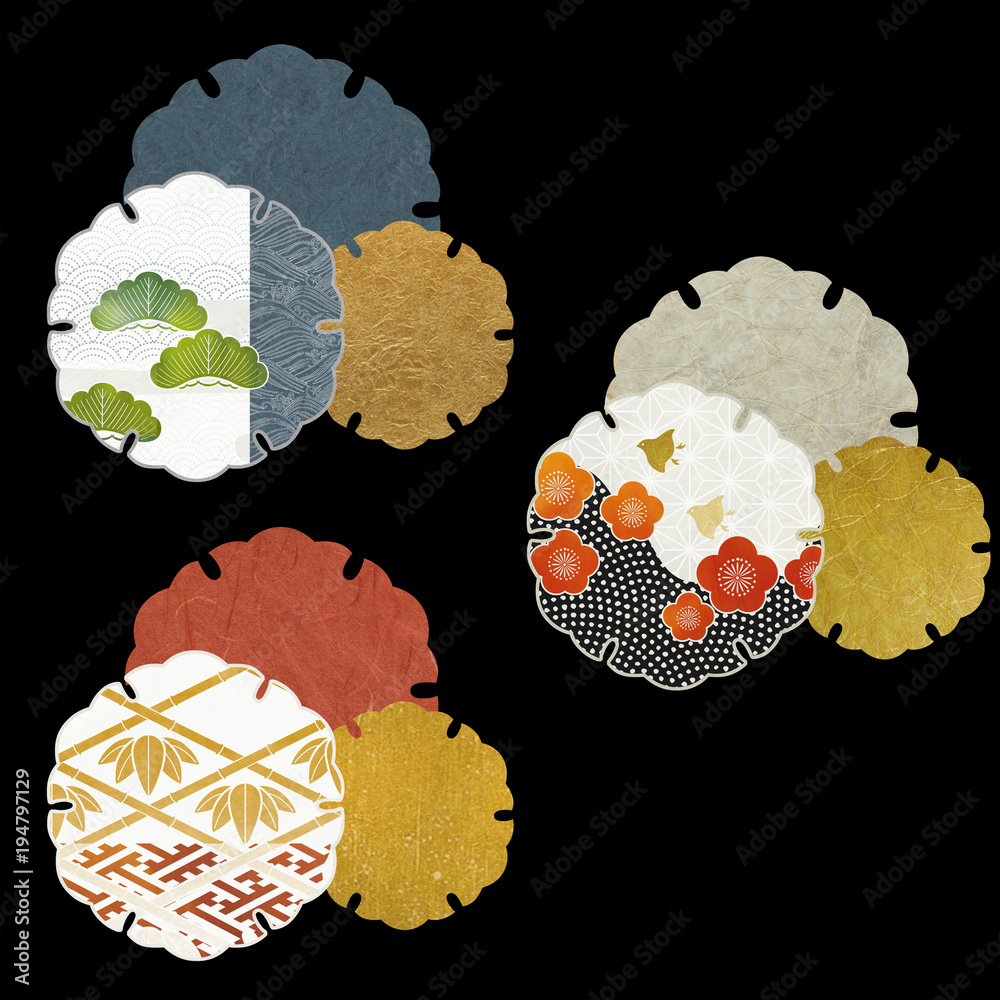 縁起物の和柄パターン 松竹梅と金の雪輪 セット Stock Illustration Adobe Stock