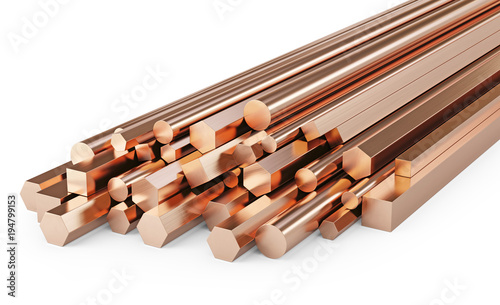 Copper rods of different types. Isolated on white background, clipping path included. 3d illustration.
