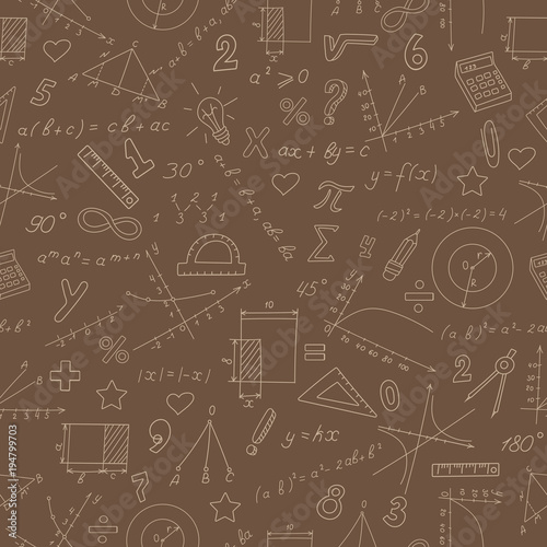 Seamless pattern on the theme of study and subject of math, graphs and formulas, beige outlines on a brown background