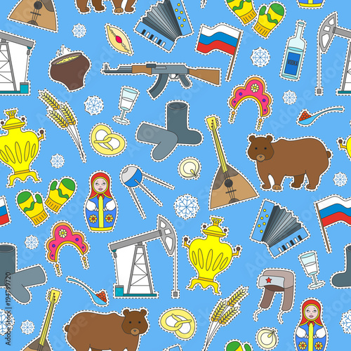 Seamless pattern on the theme of travel in the country of Russia, colored cartoon patch icons  on blue background