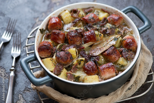 Canvas Print Bowl of Dublin coddle or Irish coddle, traditional potato, sausage and bacon ste