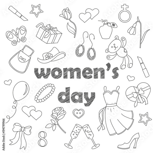 Set contour cartoon of icons on a theme day in honor of women, simple contour icons, dark contours on white background
