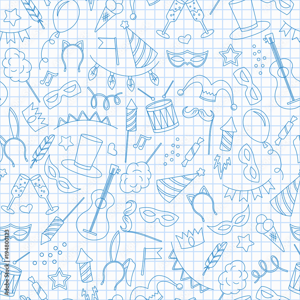 Seamless pattern on the theme of masquerade and carnival , simple contour icons, blue contour icons on the clean writing-book sheet in a cage Seamless pattern on the theme of masquerade and carnival , simple contour icons, blue contour icons on the clean writing-book sheet in a cage