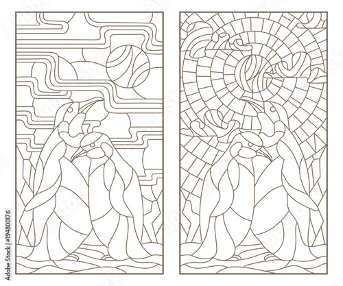 Set of outline illustrations of stained glass Windows with a pair of penguins, dark outlines on white background