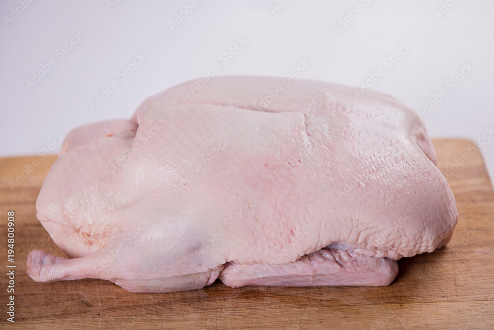whole raw uncooked duck bird meat on wood board white background whole raw uncooked duck bird meat on wood board white background